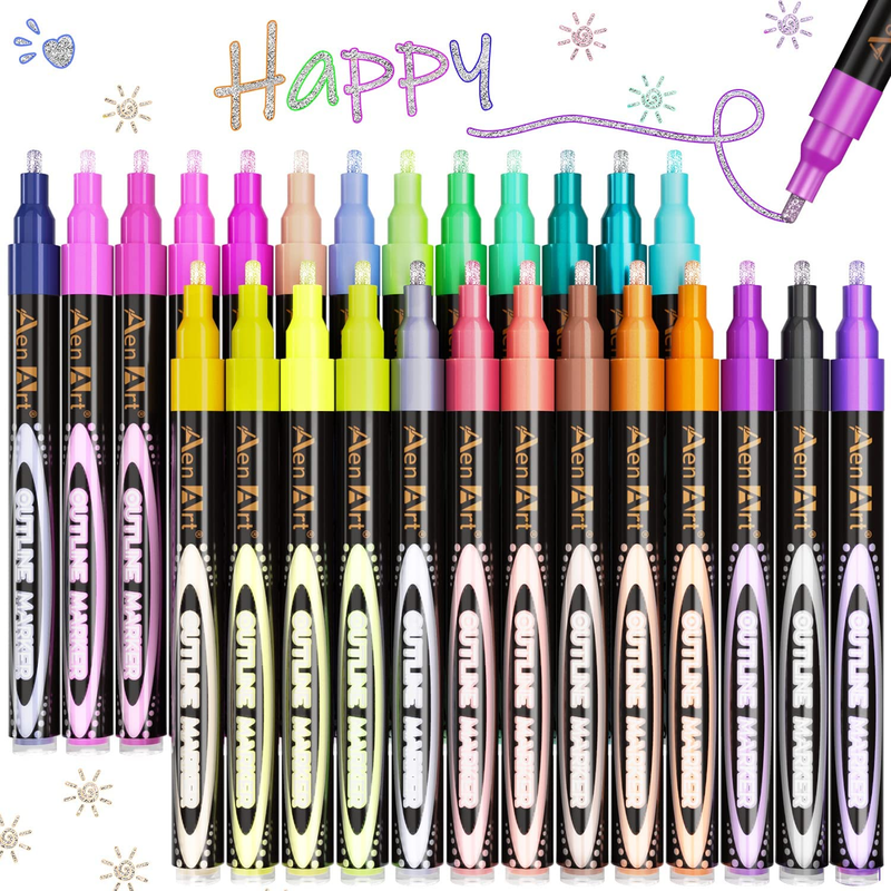 Marker Metallic Pen Set 26 Colors Self-Outline Drawing Project And Calligraphy
