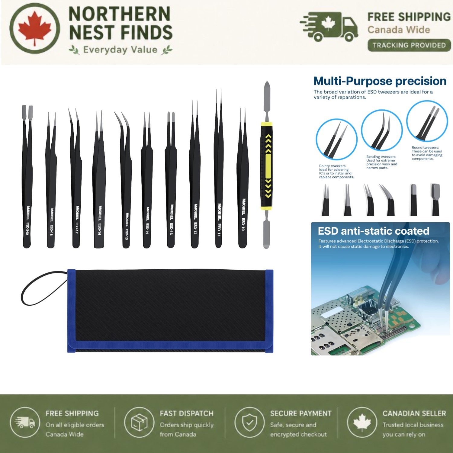 10-Piece Anti-Static Tweezers Kit with Spatula and Carry Case for Electronics