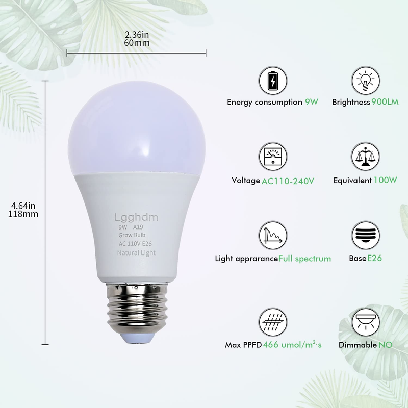 4 Pack Grow Light Bulb A19 Bulb,Led Grow Lights for Indoor Plants,Full Spectrum,