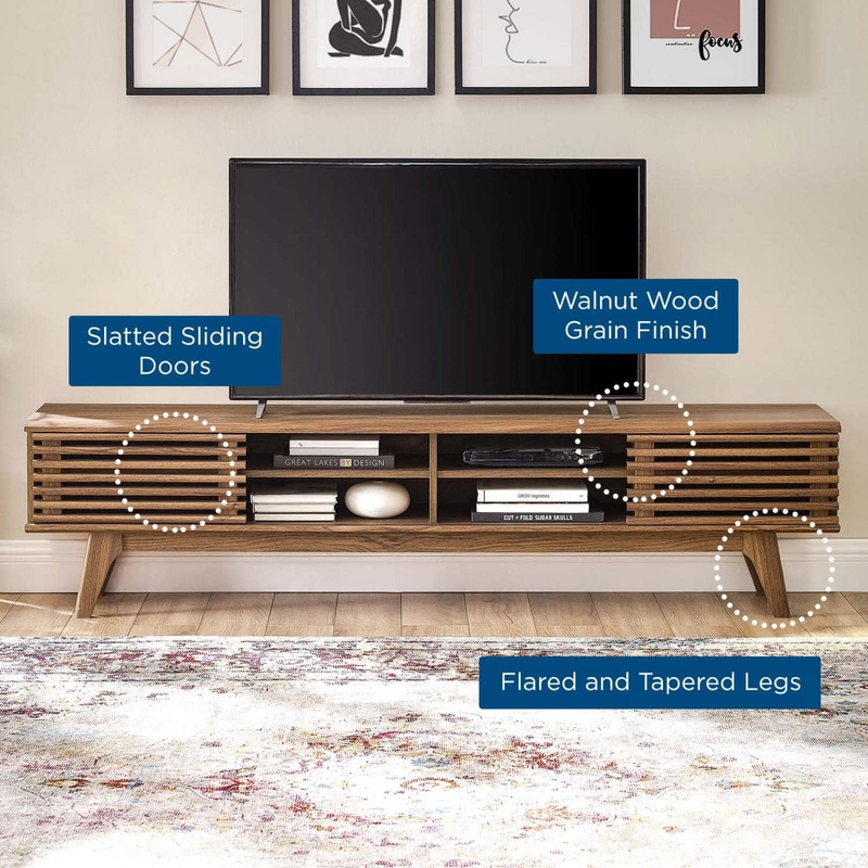 Render 70" Mid-Century Modern Low Profile Media Console TV Stand, 70 Inch, Walnu