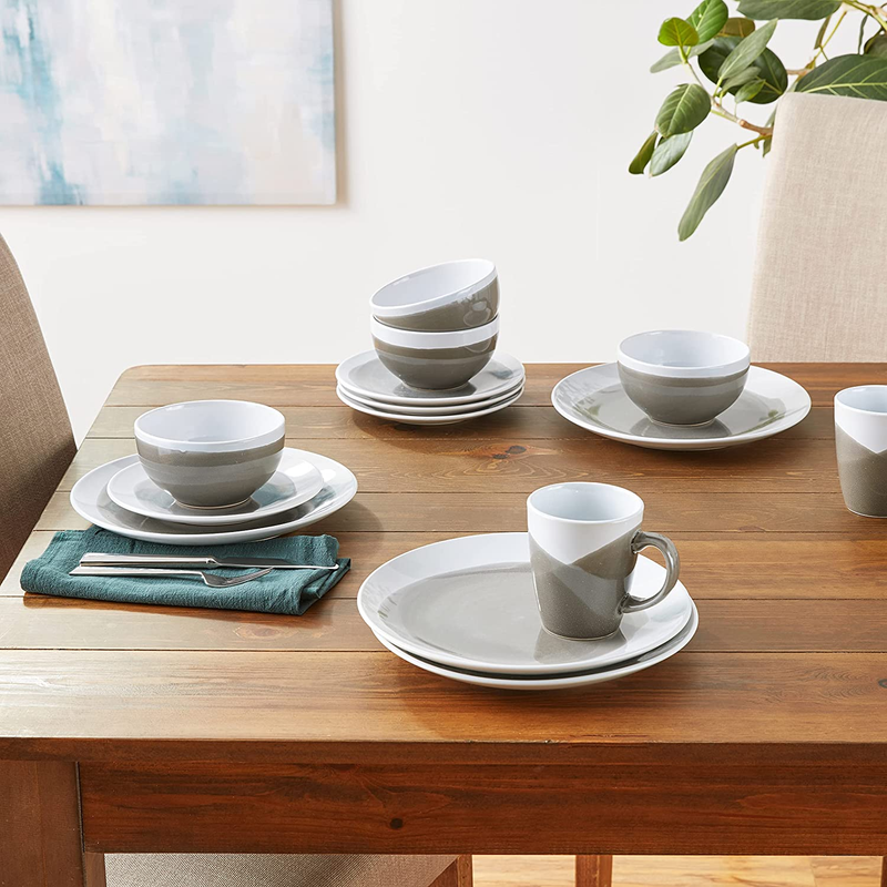 round Dinnerware Sets | Charcoal Kitchen Plates, Bowls, and Mugs | 16 Piece Ston