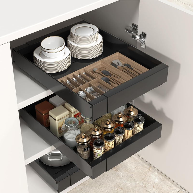 Pull Out Cabinet Organizer, Expandable Slide Out Drawer Organizer Fixed (Black,1