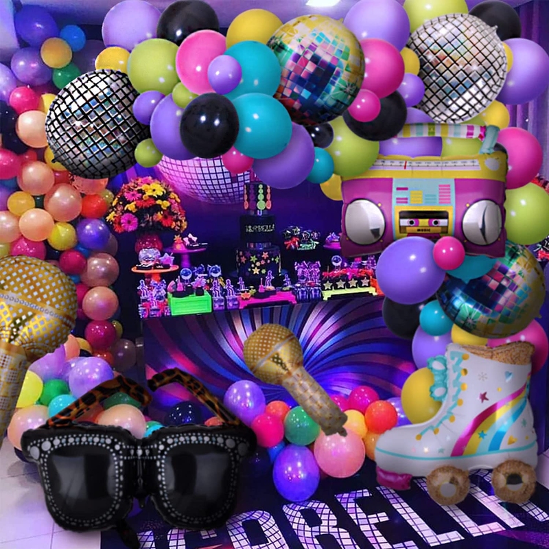 Rainbow Roller Skate Balloons Boom Box Balloon 4D Round Shaped Foil Balloons 80s
