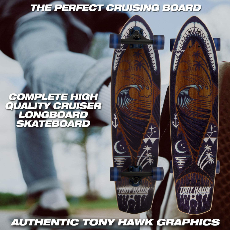 TONY HAWK NEW Skateboard Complete Longboard 34" Cruiser Concave Maple Deck Shark