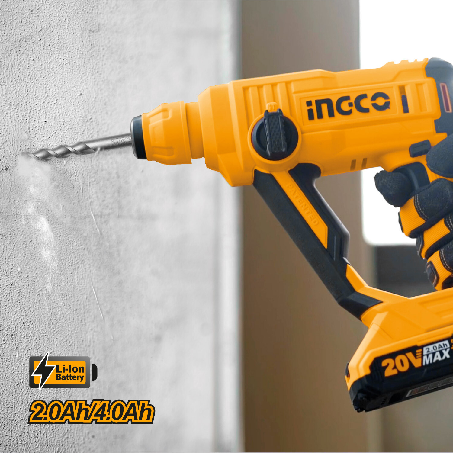 INGCO 20V Rotary Hammer Cordless Drilling Driver LED Lithium With 3 SDS