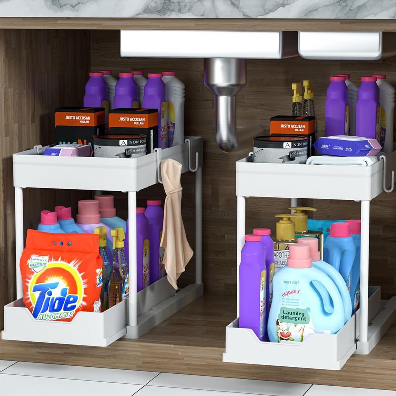 2 Pack under Sink Organizer, 2 Tier Bathroom Cabinet Organizer with Sliding Bask