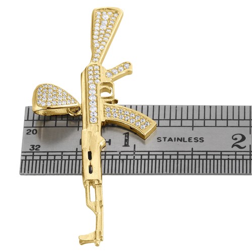 Pre-owned Jfl Diamonds & Timepieces 10k Yellow Gold Cubic Zirconia Ak-12 Machine Gun Rifle Pendnat Cz Charm 1.15" In White
