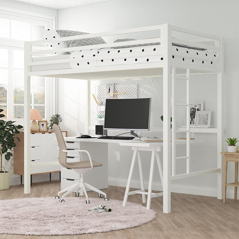 For Juniors&adults, Metal Loft Bed Twin Size With Safety Guardrai