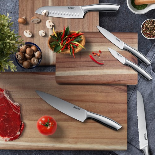 hecef Premium Kitchen Knife Set of 5 German Steel Satin Finish Extra Sharp Blade