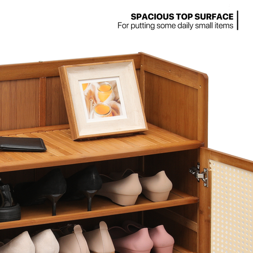 46" Bamboo Shoe Rack 7-Tier Heels Storage Shelf Organizer w/Plastic Rattan Door