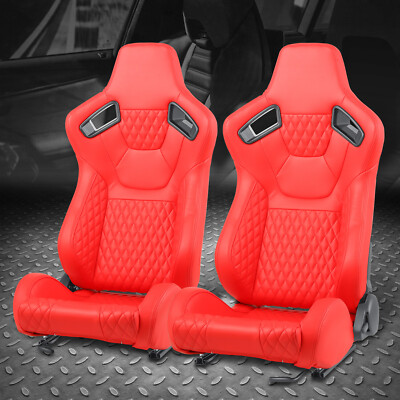Пара универсальных гоночных сидений из красного винила с регулируемыми спинками и строчками с ползунками