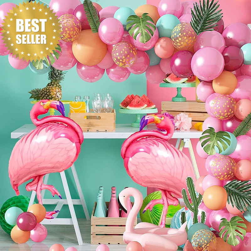 Tropical Flamingo Balloon Arch Garland Kit with Palm Leaves