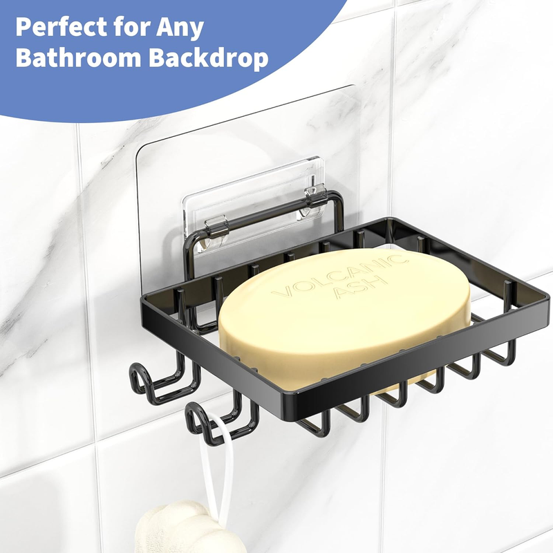 Soap Dish with Hooks and Razor Holder: No Drilling, Wall Mounted for Shower