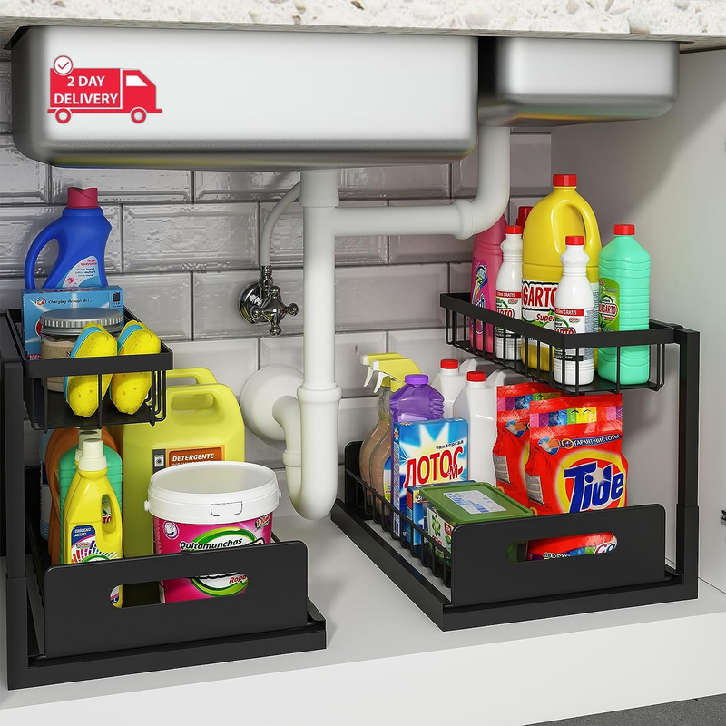 under Sink Organizer and Storage, 2 Pack Pull Out Cabinet Organizer Slide Out Si