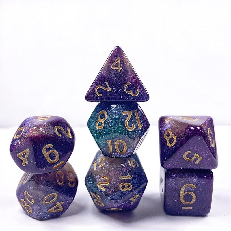 DND Dice Polyhedral Dice 7-Dice Cosmic Purple Blue Dungeons and Dragons with Bla