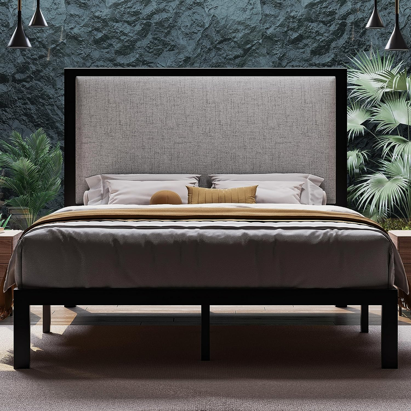 With 47'' Tall Upholstered Headboard, High Metal Bed Frame With
