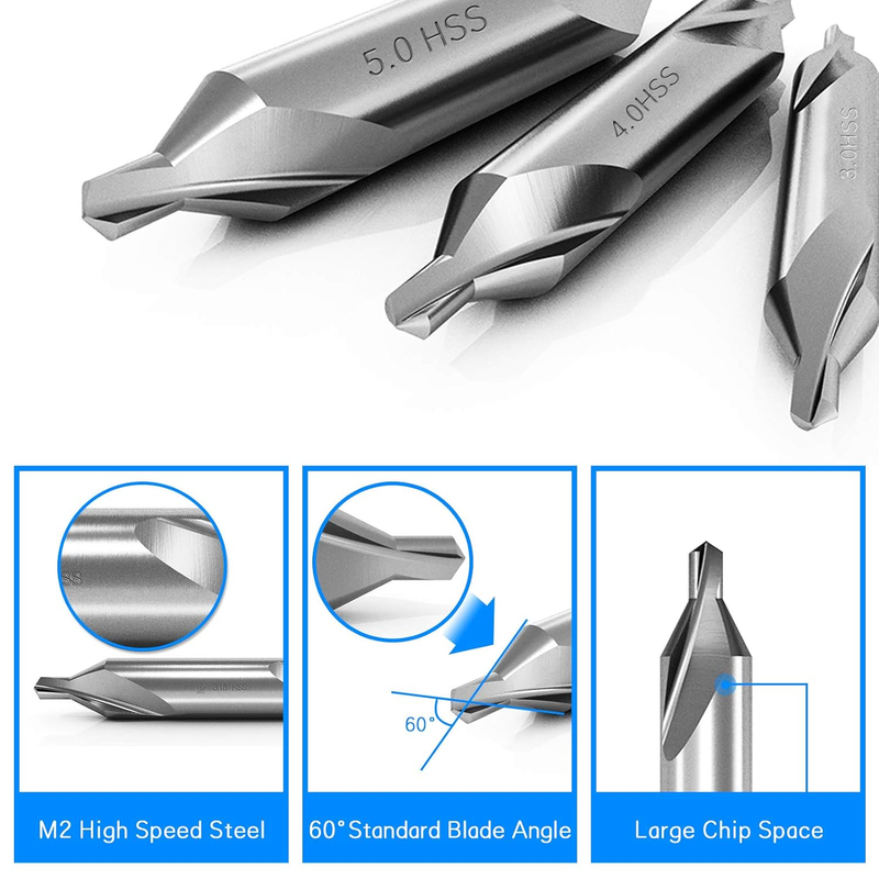 7 Pieces Center Drill Bits Set, M2 High Speed Steel 60-Degree Angle Center Drill