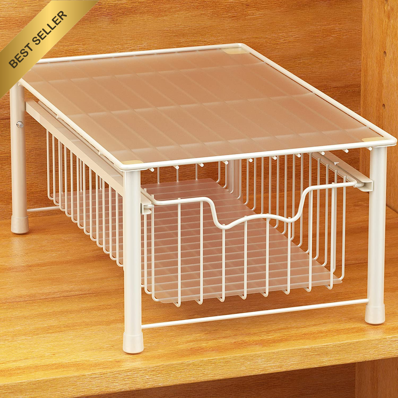 Stackable Pull Out Drawer for Cabinets and under Sink Organiser, Wired White