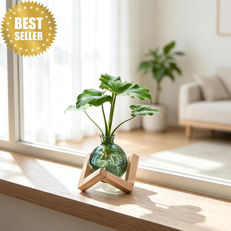 Plant Terrarium with Wooden Stand, Propagation Vases for Plants Glass Terrariums