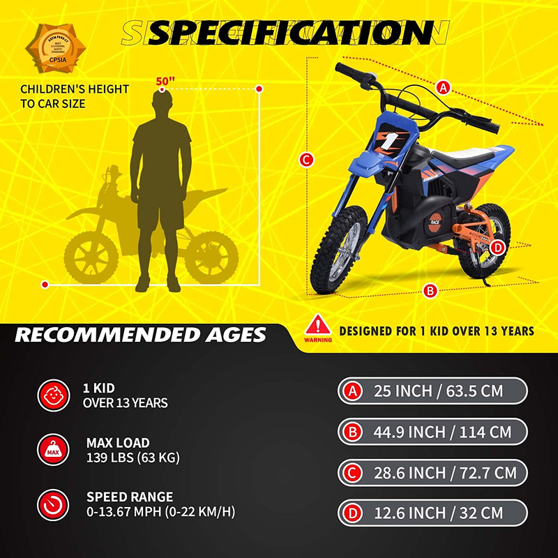 24V Kids Electric Dirt Bike 250W Off-Road Bike Motocross Powerful Motorcycle for