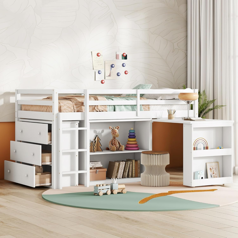Twin Loft Bed with Pull-Out Desk, Drawers & Open Shelves, Wooden Bed Frame with Guardrail, Low Design for Kids, White