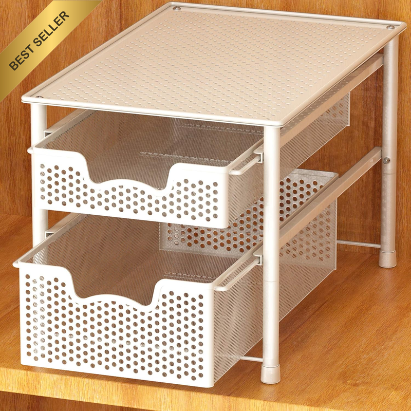 Stackable 2 Tier Pull Out Drawer for Cabinets and under Sink Organiser, Mesh Whi
