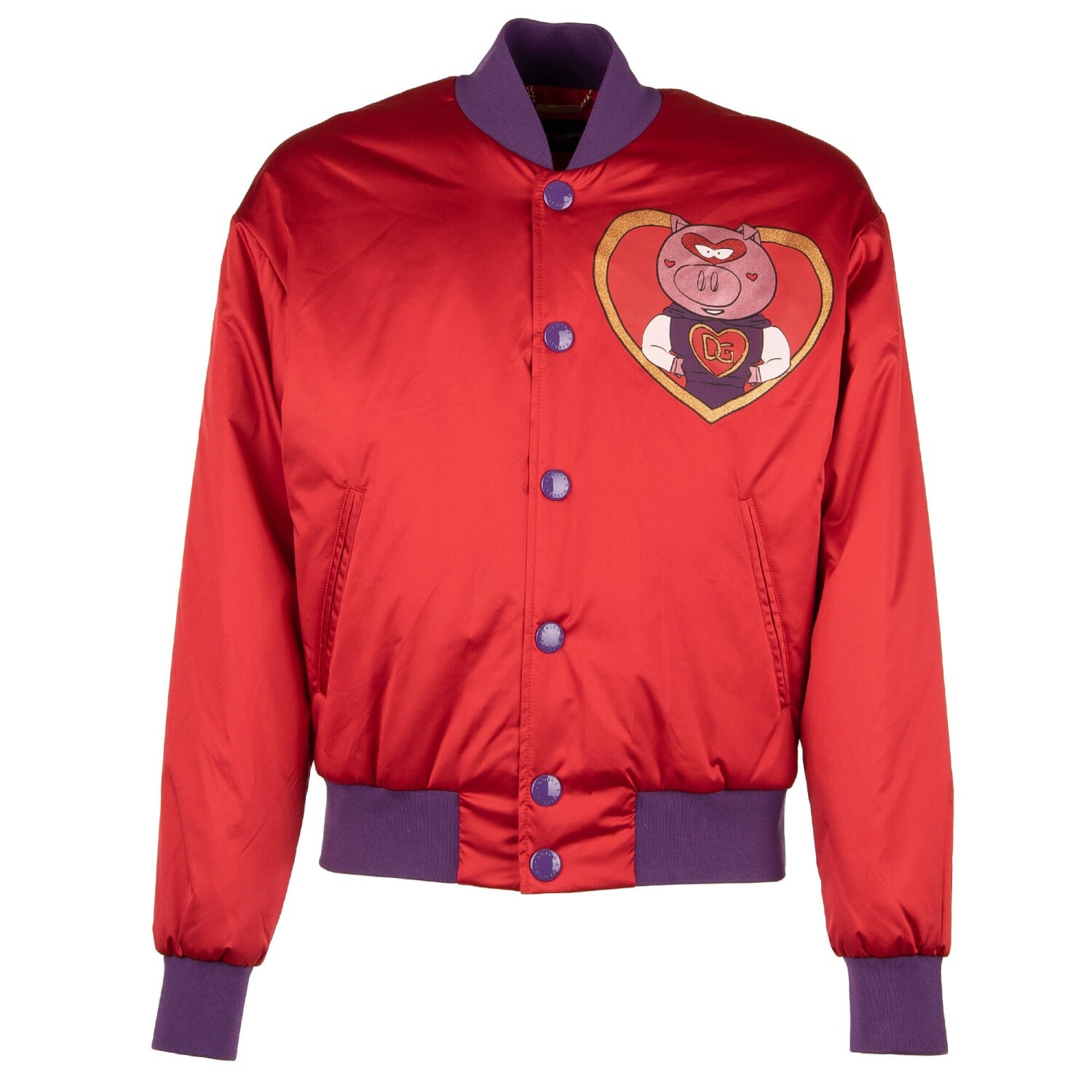 Pre-owned Dolce & Gabbana Glitter Heart Super Pig Printed Bomber Jacket Dg Logo Red 09225