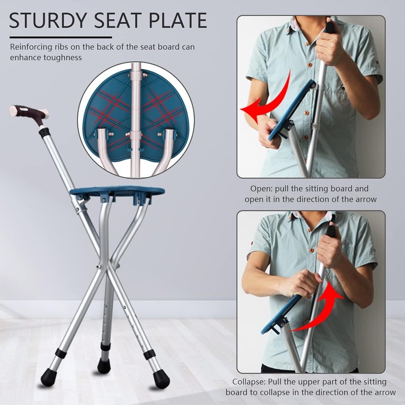Hold 440 Lbs Folding Canes with Seat Walking Stick Height Adjustment Cane Seat C