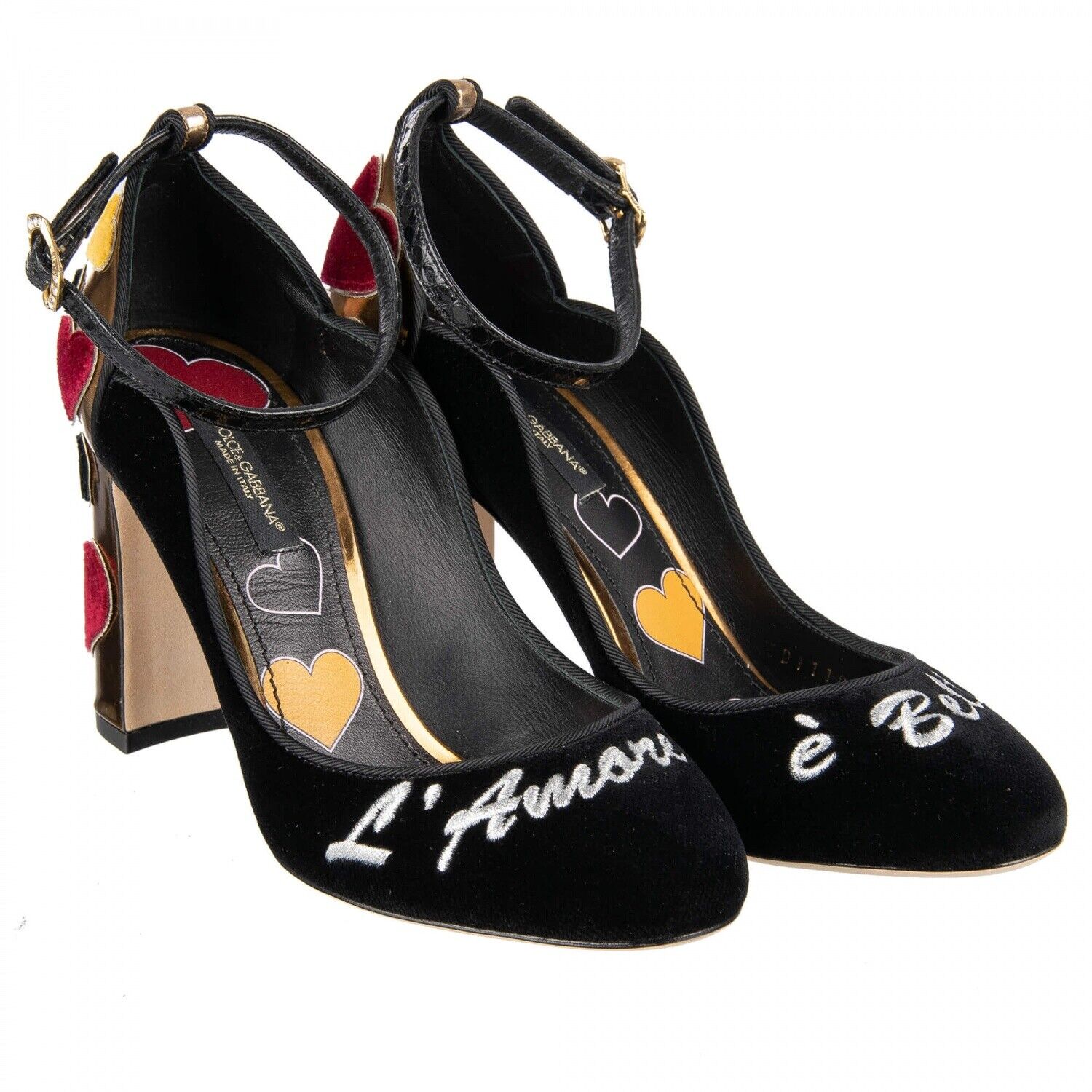 Pre-owned Dolce & Gabbana Velvet Ankle Strap Hearts Pumps Vally L'amore Black Gold 09041