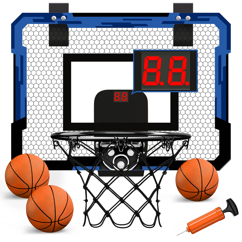 Mini Basketball Hoop with Electronic Scorer 3 Balls/Inflator/Breakaway Rim Blue