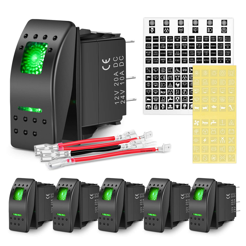6 Pack Rocker Switches with Night Glow Stickers 5 PIN SPST Rocker Switc