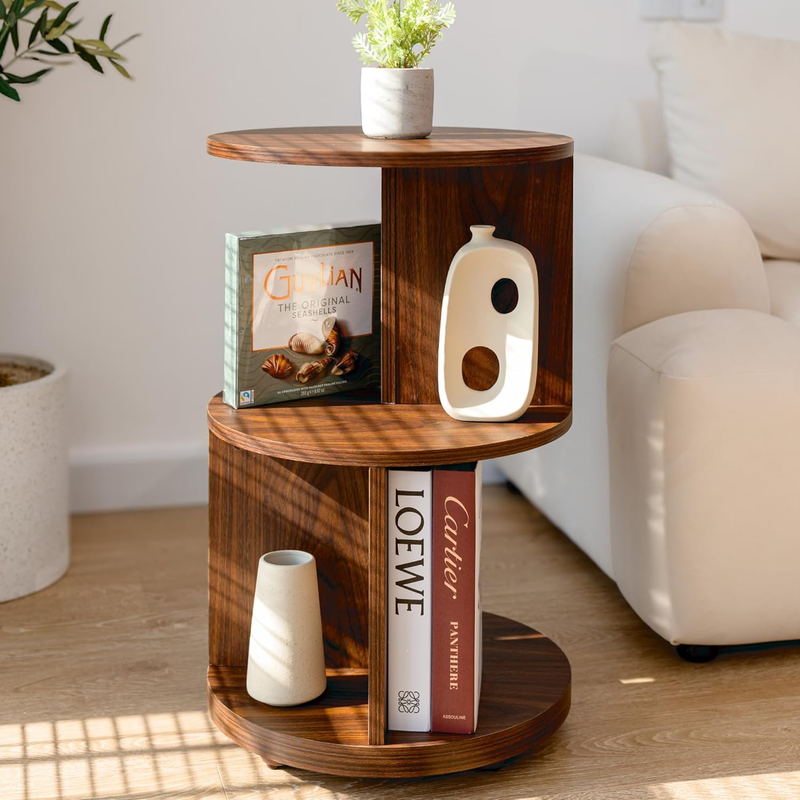 KAYMILY Living Room Side Table, Office round Bookshelf End Table, Bedroom Mid Century Modern Nightstands, Contemporary Accent Tables - Easy Assembly - Walnut