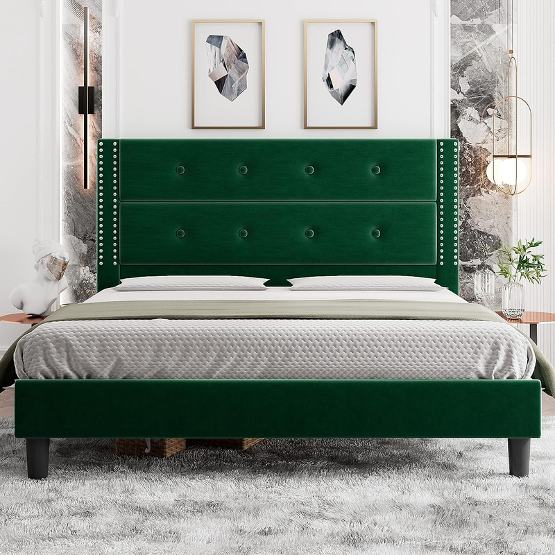 Queen Size Platform Bed Frame, Velvet Upholstered Bed Frame