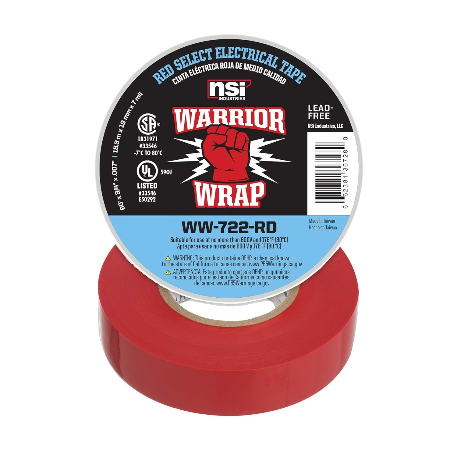 Red Warrior Wrap WW-722-RD Vinyl Electrical Tape, 7 Mil 3/4