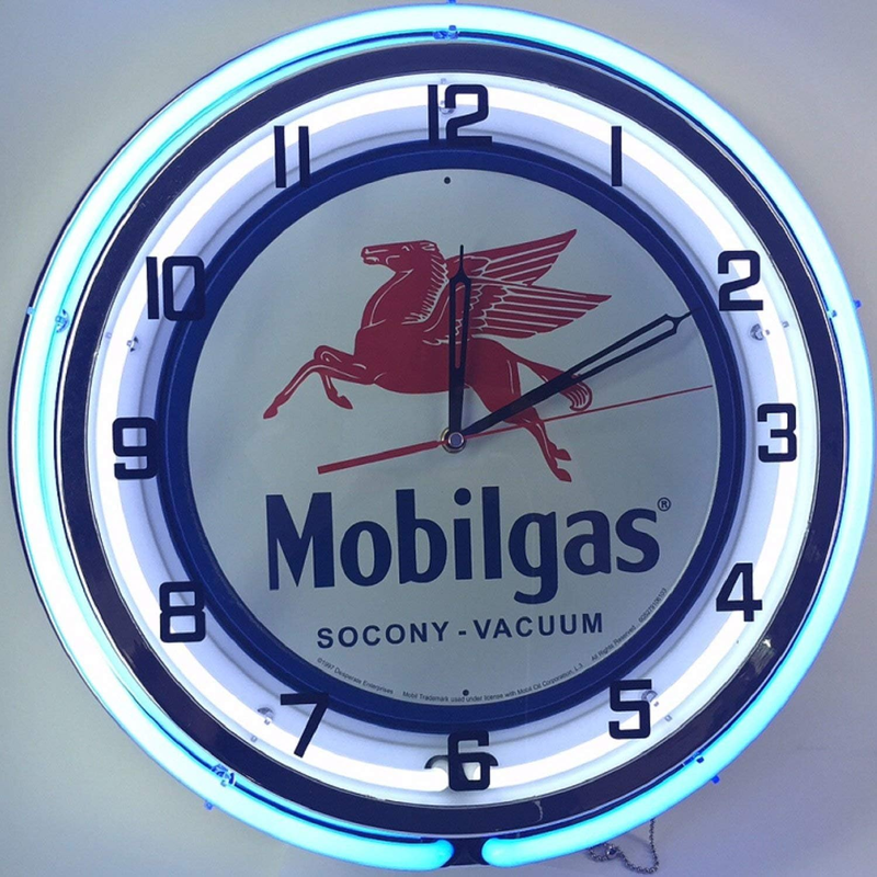 Mobil Mobilgas Large 18" Double Neon Clock W/Metal Sign Flyi
