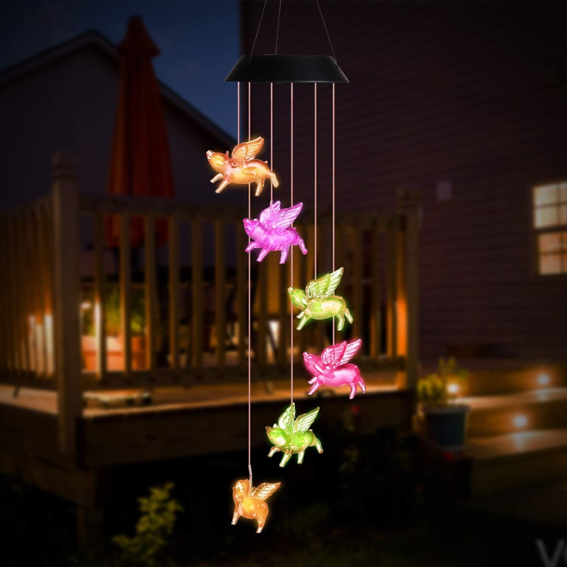 Fly Pigs Solar Wind Chimes For Outside Waterproof Color Changing Automatice New