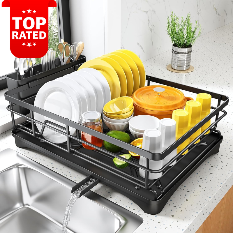 Large Dish Drying Rack with Drainboard Rustproof Utensil Holder Kitchen Black