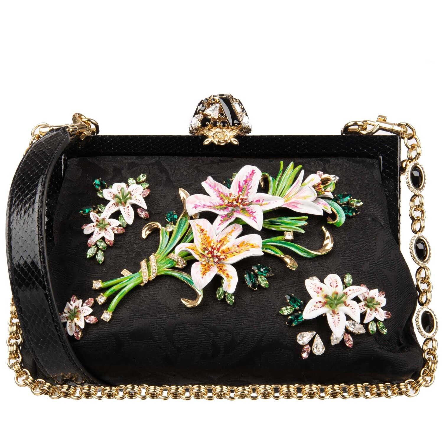 DOLCE & GABBANA Crystal Lily Flower Snakeskin Chain Clutch DOLCE & GABBANA Crystal Lily Flower Snakeskin Chain Clutch