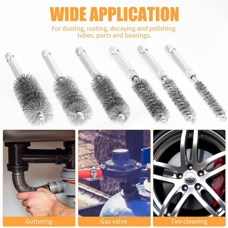 6Pieces Wire Brush Drill Bore Cleaning Brush Set,with 1/4 Inch Hex Shank Stainle