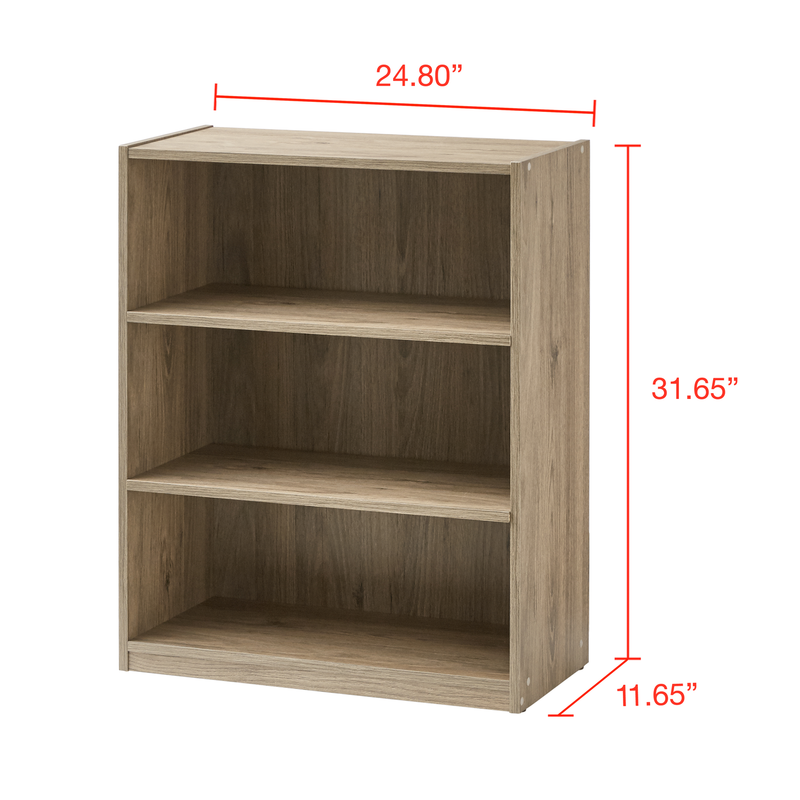 3-Shelf Wood Bookcase, Wide Storage Book Display Adjustable Bookshelf Rustic Oak