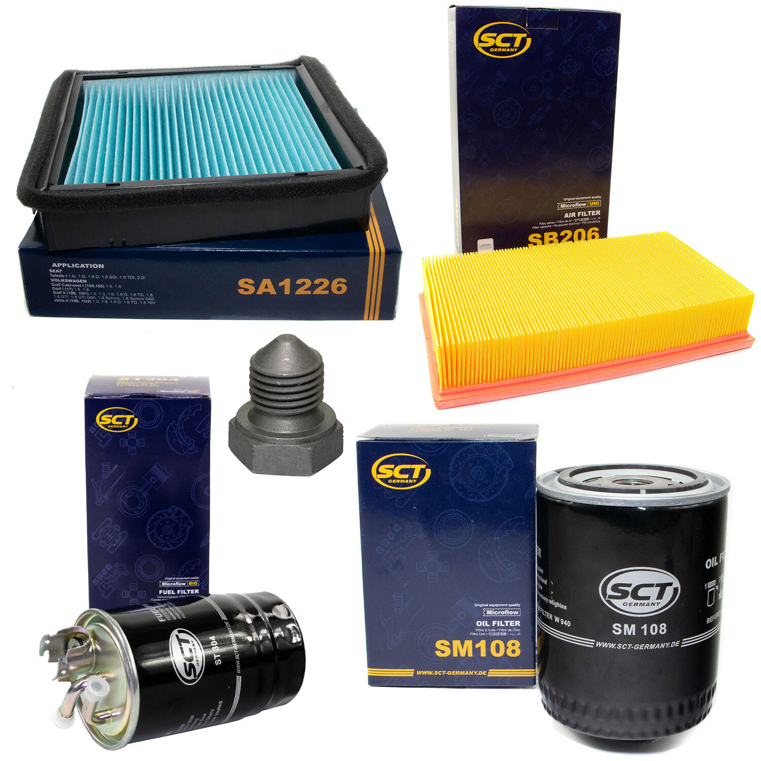 Filter Set Kraftstoff-ÖL-Luft-Innenraum + Ölablassschraube für VW Golf II