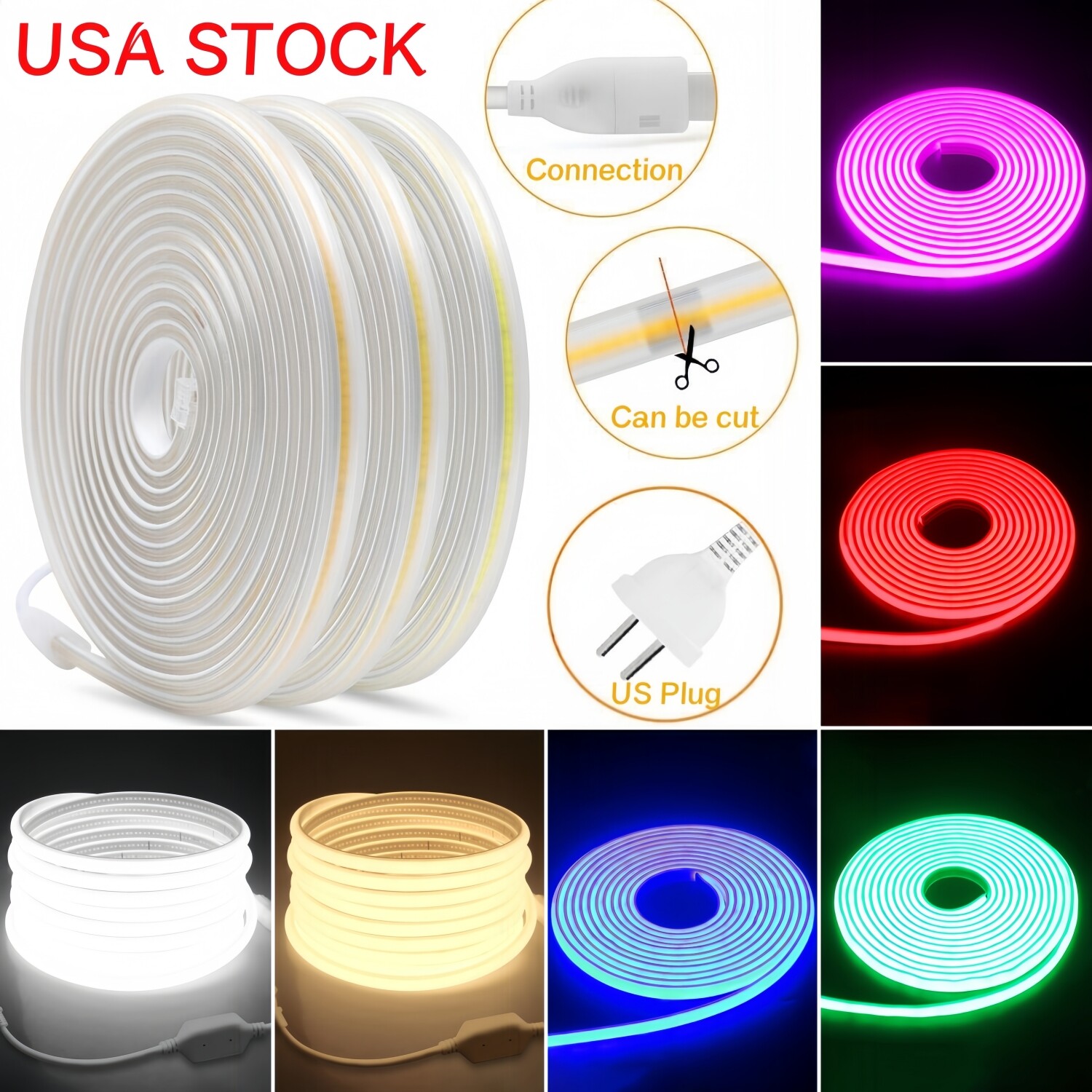 330ft 110V 480LEDs/m COB LED Neon Light Strip Waterproof Dotless Flexible Decor