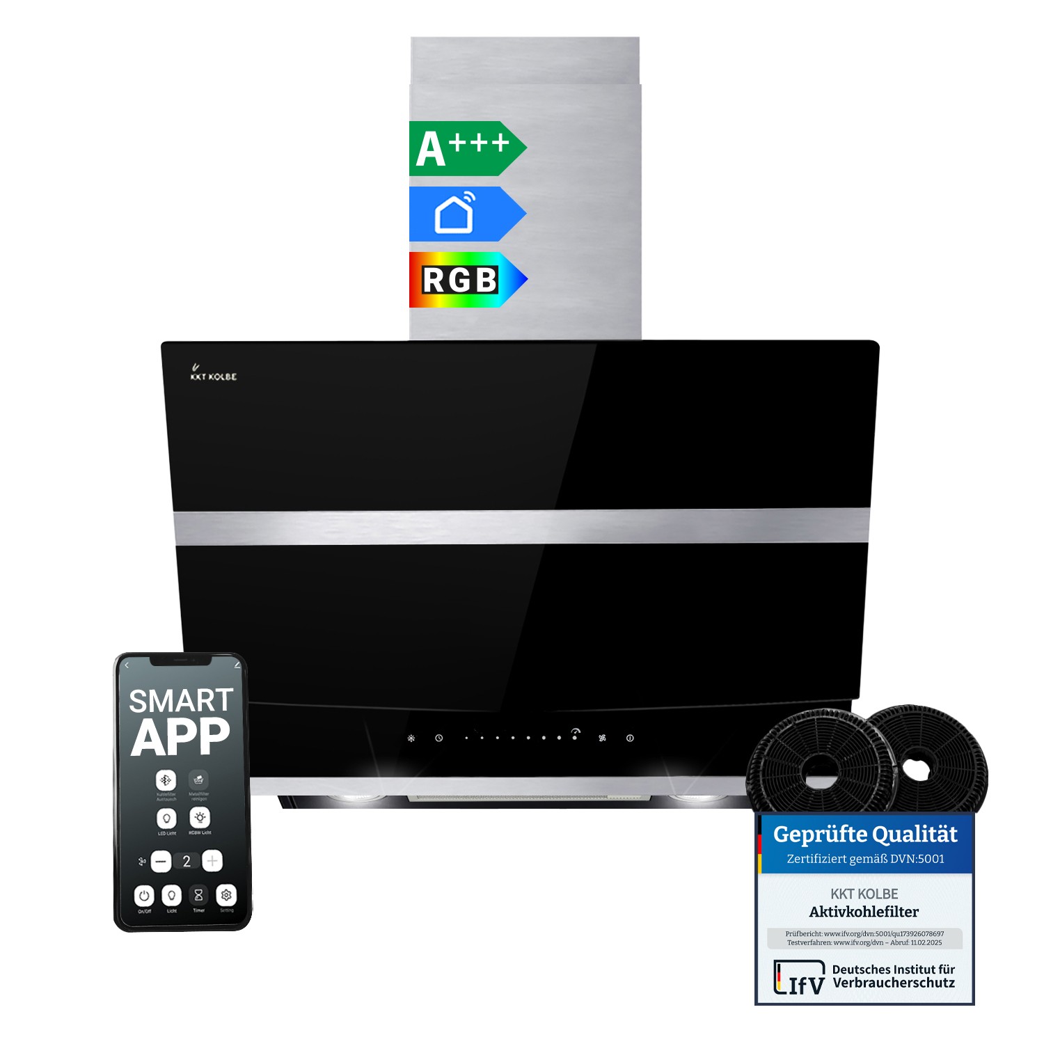 KKT KOLBE A afzuigkap 60 cm 782 cbm/h | circulatielucht | afvoerlucht | kopvrij | wandkap | schuine kap | zwart | glas | automatische naloop | SensorTouch | led-verlichting | SOLO6005S