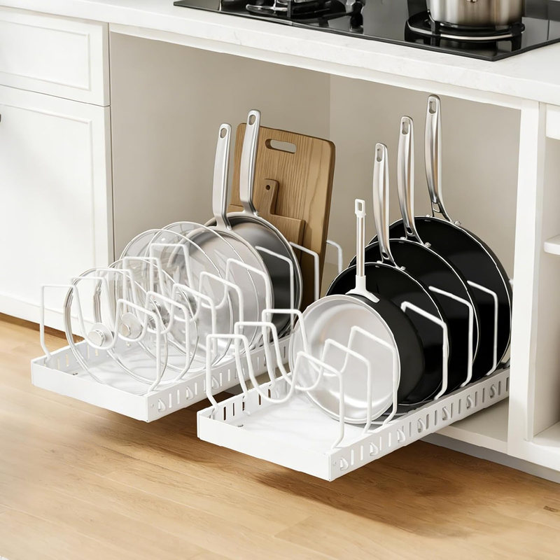 2 Pack Pull Out Cabinet Pots and Pans Organiser, Carbon Steel Kitchen Organiser
