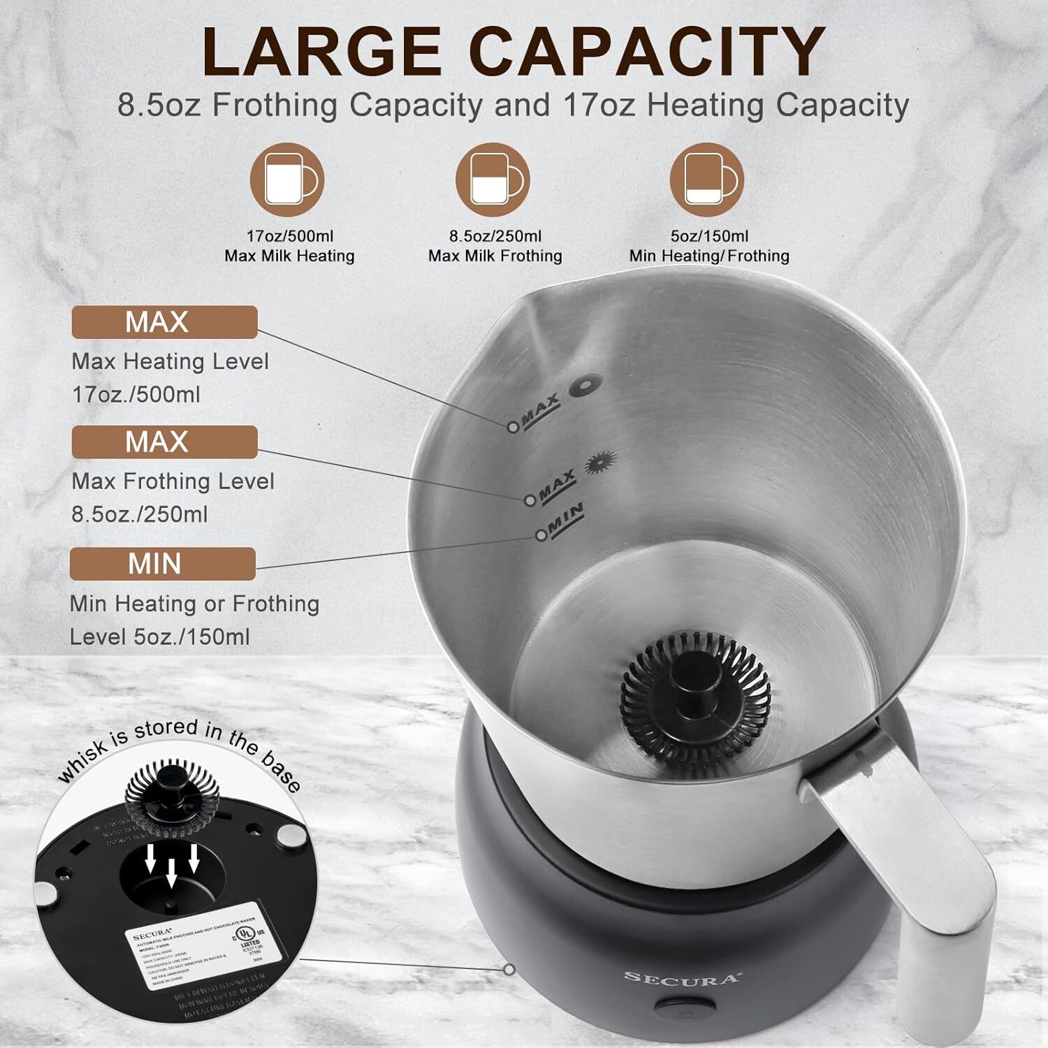 Secura 17oz Detachable Milk Frother Steamer, Stainless Steel Electric Hot/Cold F