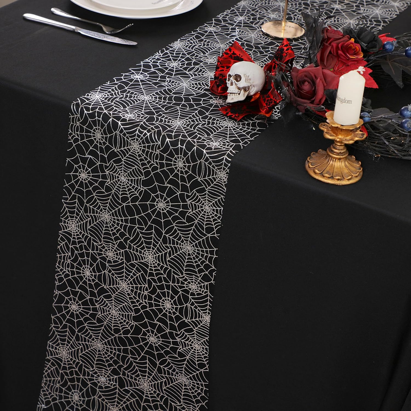 Halloween Table Runner, Silver Spider Web Metallic Sequin Glitter Sheer Runners