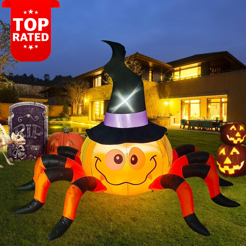 6.5FT Halloween Inflatable Pumpkin Spider Witch Hat Blow Up Yard Decoration