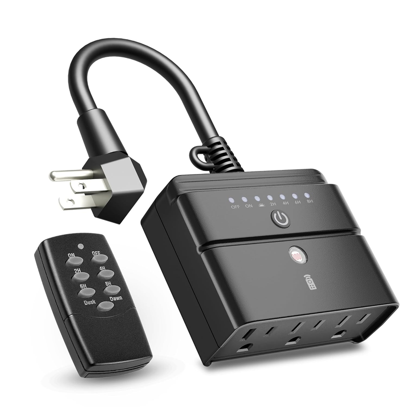 Outdoor Timer Outlet Dusk to Dawn Remote 100FT 3 Outlet Waterp...