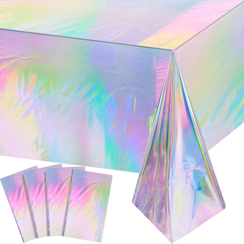 4 Pack Iridescent Plastic Tablecloths, Shiny Disposable Laser Rectangle Table Co