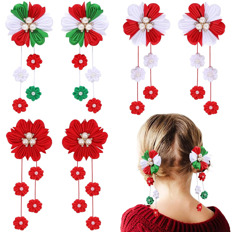 6PCS Christmas Hair Bows for Girls, Red Flower Hair Accessories for Girls Grosgr